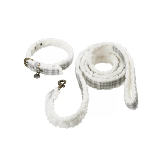 UGG Westwood Medium 2 Piece Dog Collar and Leash Set Grey Plaid Flannel Cotton - Picture 3 of 11